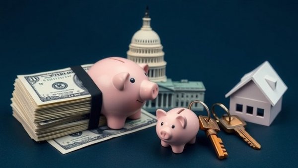 Economic symbols collage with Capitol and housing elements, highlighting housing supply and affordability.