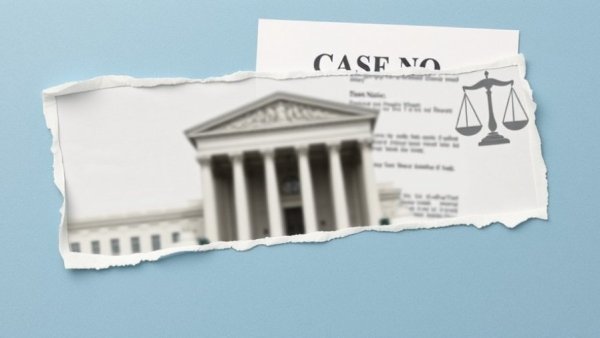 Illustration of DOJ, legal papers, and scales symbolizing real estate commissions.