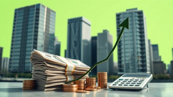 Cityscape with money, calculator, and growth arrow symbolizing DSCR loans.