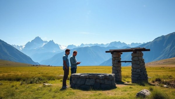 Discussion on water access for land investors, ancient stone well, outdoor scene.