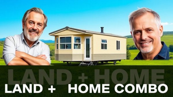 Mobile homes on land with two men featured, promoting land-home combo.