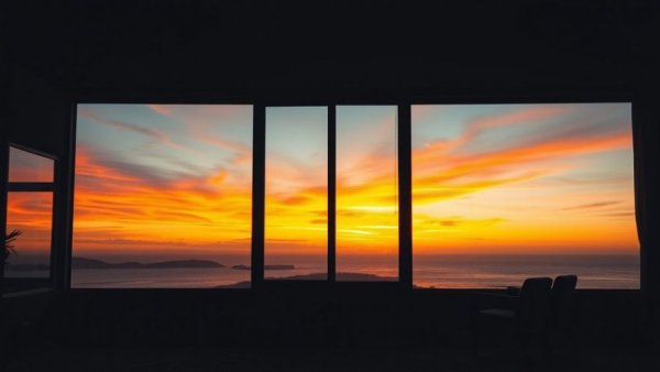 Vivid sunset through large window, highlighting potential window seal issues.