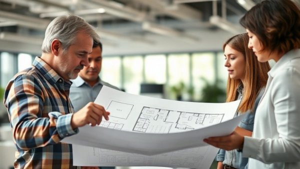 People analyzing the importance of floor plans in home design, reviewing blueprints.