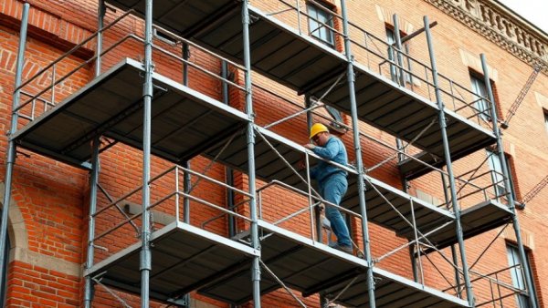 Complex scaffolding structure being adjusted by workers, showcasing scaffolding types in construction.