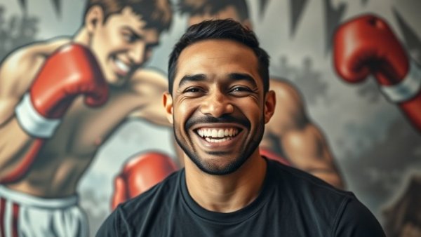 Man smiling in front of boxing artwork, Shawn Porter boxing skills.