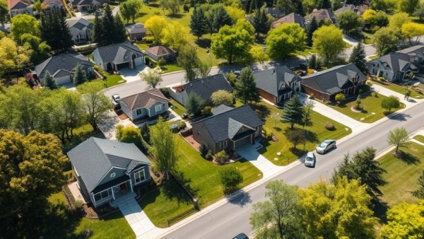 Aerial shot of a suburban neighborhood, showcasing housing market.