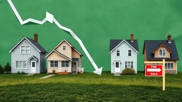 Collage image with suburban houses, downward arrow, and sale sign illustrating U.S. housing supply shortage.