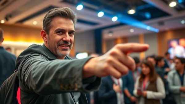 Confident person engaging at an event, vibrant setting.