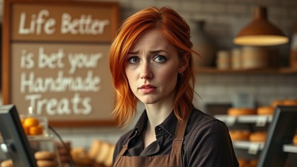 Cinnabon employee at counter with frustrated expression in bakery.