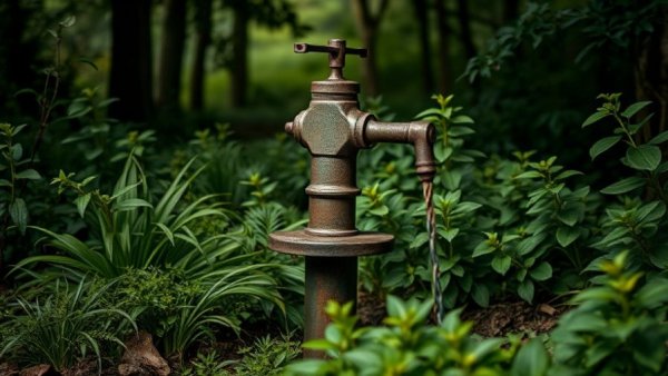 Rustic metal water pump with well water in a lush green setting
