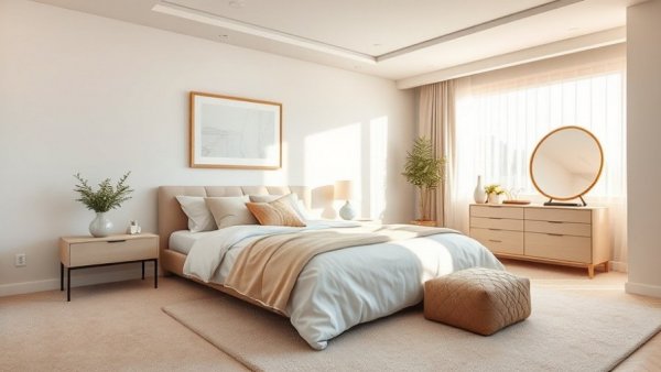 Mirror placement in serene modern bedroom open plan, enhancing light.