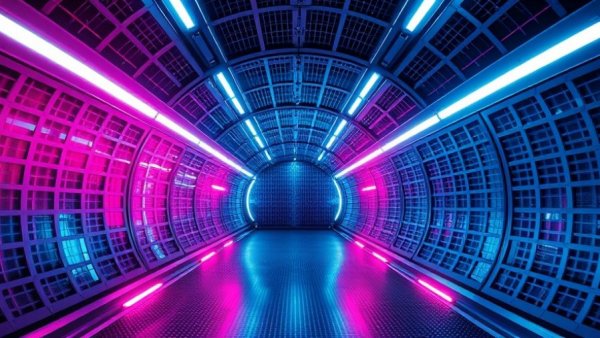 Futuristic energy tunnel with glowing beams, representing fusion energy startups funding.