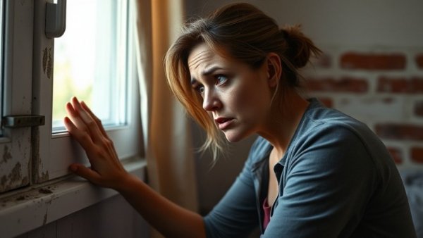 Worried woman inspecting mold issue before selling a house.