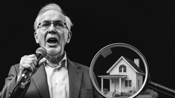 Collage with a magnifying glass over house related to Trump’s actions in Macon housing market.