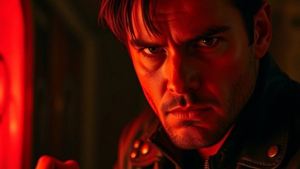 Serious individual with spiked jacket against red-lit background.