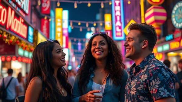 Lively discussion at city event with neon backdrop.