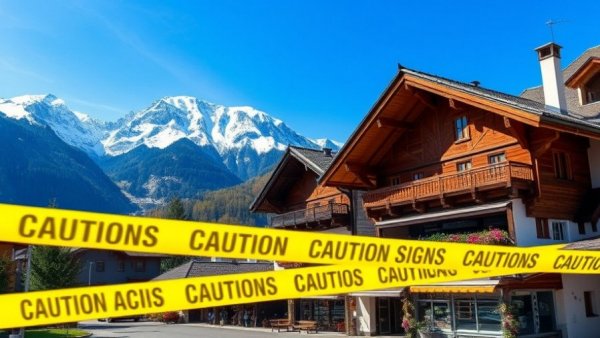 Swiss Alps chalet scene with caution tape indicating a bar fire incident.