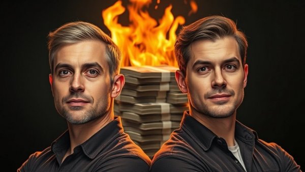 Confident men with burning money and 'Grind Now, Win Later' text.