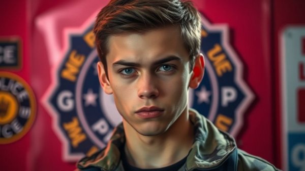 Portrait of a focused young man with police insignia in background