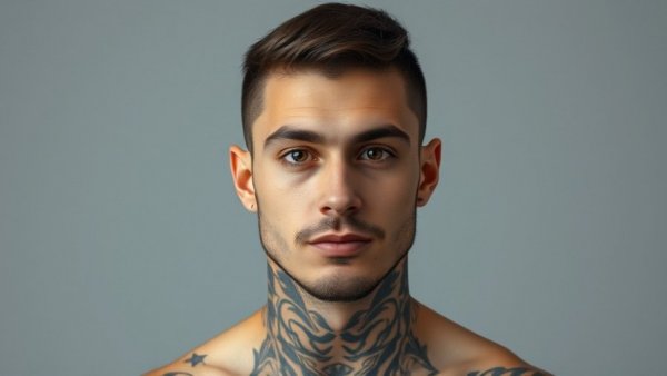 Photorealistic mugshot of young man with facial tattoos, neutral expression.