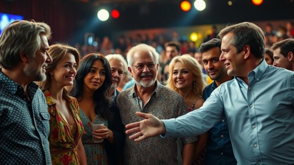 A dynamic group of celebrities during an event, highlighting celebrity news.