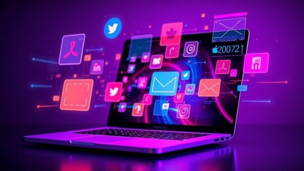 Abstract digital interfaces and laptop showcasing social media app solutions.