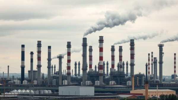 Industrial oil refinery complex with chimneys emitting smoke.