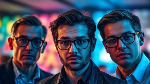 Group portrait, serious expressions, glasses, colorful background.