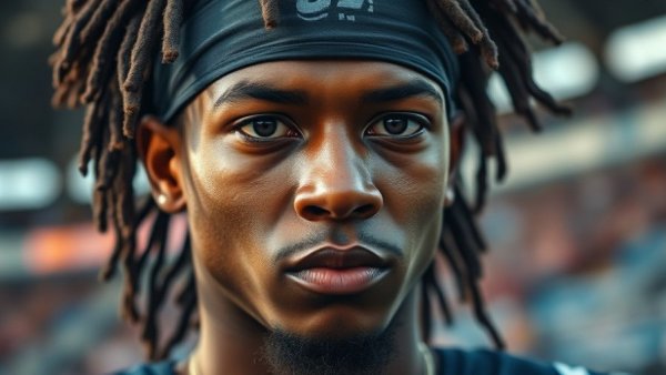 Close-up portrait of a young man in a stadium with a headband.
