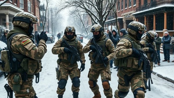 Tense confrontation with camouflaged men in a snowy neighborhood background.