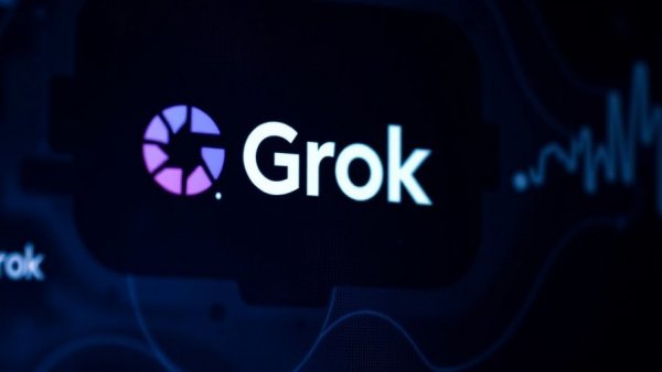 Grok AI image on a dark screen with blurred X in the background.