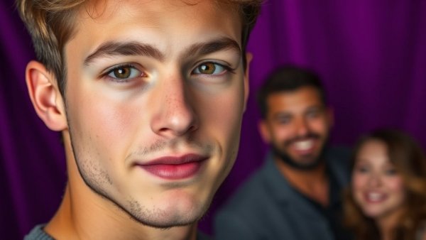 Celebrity news: young man's face with celebrity couple smiling in background.