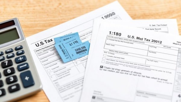Tax forms with blue tickets and calculator on desk, related to California proposed wealth tax.