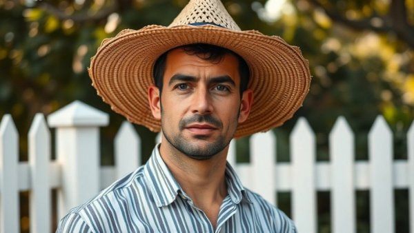 Man in straw hat outdoors near fence amidst greenery.