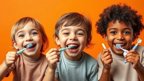 Three kids brushing teeth and smiling, showcasing dental care.