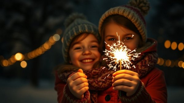 Joyful girl with sparkler on a snowy night.