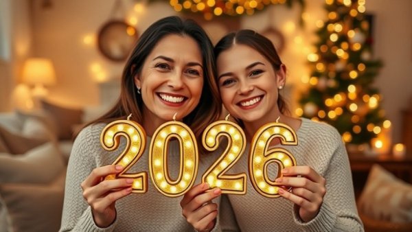 Mother and daughter celebrating New Year 2026 at home.