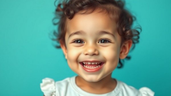 Adorable child smiling on teal background, relating to what to expect from your child's first dental appointment.