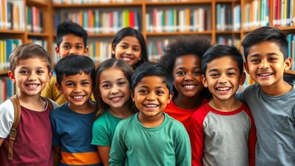 Group of smiling children in a library promoting oral health.