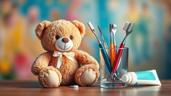 Sedation dentistry for kids setup with teddy bear and dental tools.