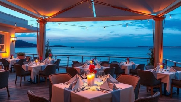 Luxury dining area on Windstar Star Legend Cruise Southern Spain at dusk, ocean view.