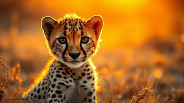 Adorable cheetah cub in golden African sunset.