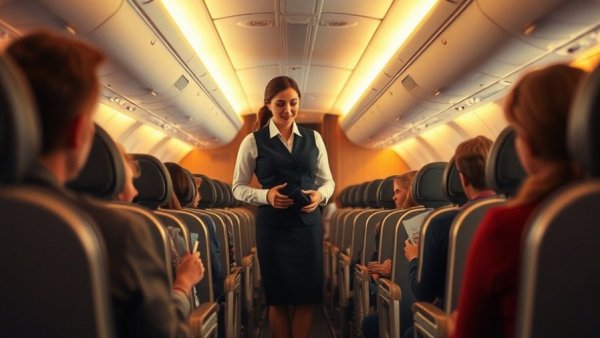 Luxurious airplane cabin with passengers and flight attendant, comparing British Airways Business Class vs First Class.