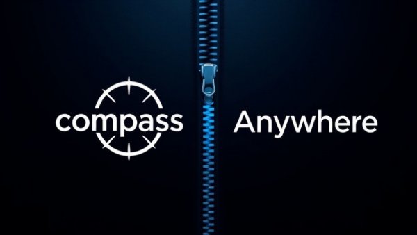 Compass and Anywhere merger concept art, modern zipper design, antitrust