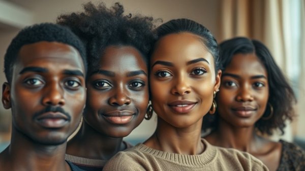 Four individuals with serious expressions in a soft-lit background.