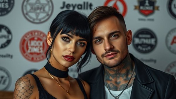 Stylish woman and tattooed man posing together.