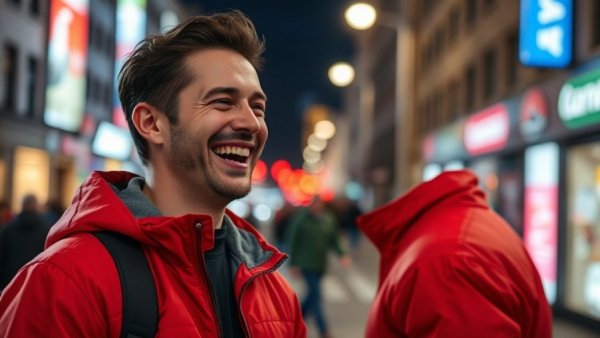Energetic man in red jacket laughing outdoors, urban night scene.