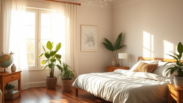 Cozy bedroom in a home for sale in Macon, Georgia, with sunlight and plants.