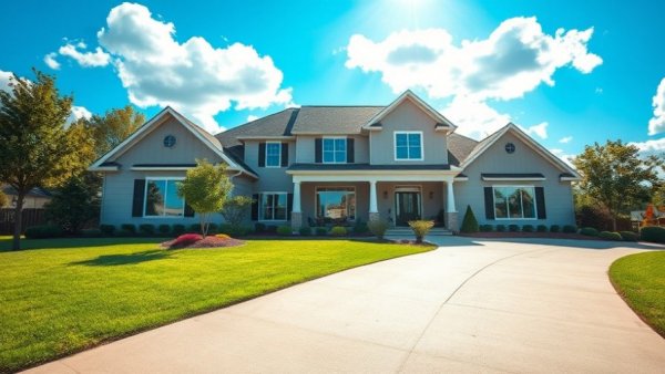 Suburban house with driveway under blue sky, closing on a house.
