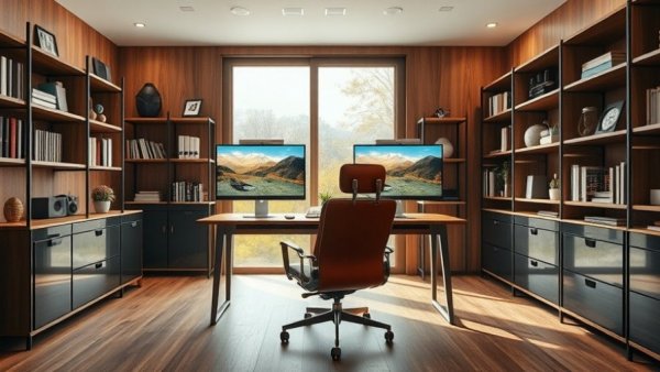 2056 home office security tech, modern workspace with scenic dual monitors.